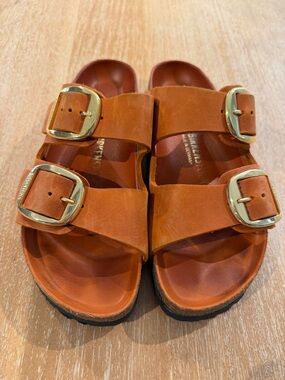 Orange leather big gold buckle Arizona Birkenstocks